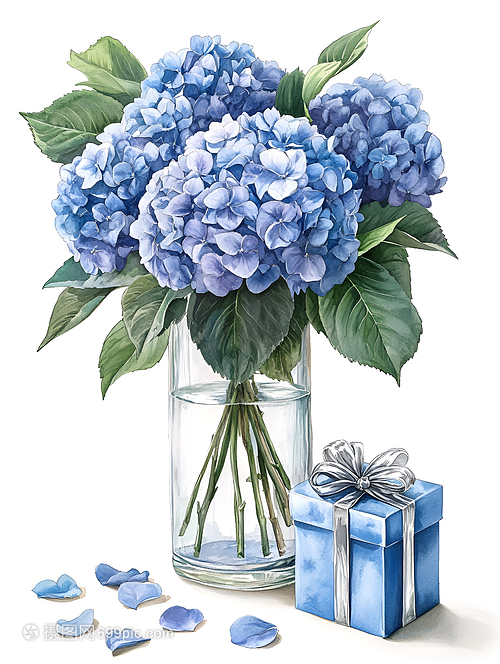 藍(lán)色繡球花束插畫